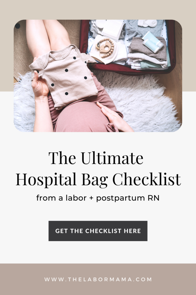 pregnant woman packing hospital bag with baby clothes
