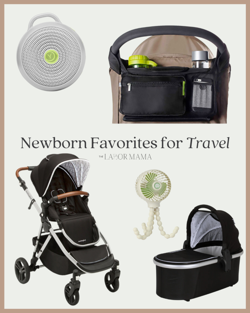 newborn stroller, stroller caddy, bassinet, fan and sound machine
